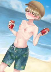 Rule 34 | 1girl, @ @, absurdres, artist request, beach, blonde hair, blue male swimwear, blue sky, blue swim trunks, blurry, blurry background, blush, breasts, can, character request, cloud, cloudy sky, coca-cola, copyright request, day, drawstring, dutch angle, earrings, embarrassed, female focus, highres, holding, holding can, jewelry, male swimwear, male swimwear challenge, multicolored male swimwear, multicolored swim trunks, nipples, ocean, orange eyes, outdoors, print male swimwear, print swim trunks, print swimsuit, sand, sky, small breasts, solo, source request, sweat, swim trunks, swimsuit, tagme, topless, walking, water