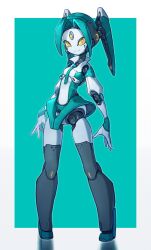 Rule 34 | 1girl, absurdres, aqua hair, arms at sides, breasts, colored sclera, colored skin, forehead jewel, full body, highres, joints, lc butter, looking at viewer, mechanical hair, necktie, original, pigeon-toed, robot girl, robot joints, small breasts, smile, solo, standing, twintails, two-tone background, white skin, yellow eyes, yellow sclera