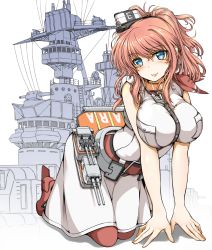 Rule 34 | 10s, 1girl, all fours, anchor, blue eyes, breast pocket, breasts, brown hair, cannon, dress, flight deck, hair between eyes, highres, kantai collection, large breasts, long hair, looking at viewer, machinery, neckerchief, okutama tarou, pocket, ponytail, red legwear, red neckerchief, saratoga (kancolle), side ponytail, sidelocks, smokestack, solo, white dress