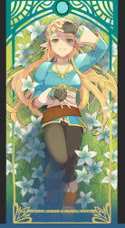 Rule 34 | 1girl, arm up, black gloves, black pants, blonde hair, blue shirt, boots, braid, brown footwear, chinese commentary, commentary request, crown braid, fingerless gloves, flower, framed, full body, gloves, green eyes, hair ornament, hairclip, long hair, long sleeves, lying, nintendo, on back, pants, pointy ears, princess zelda, rutiwa, shading eyes, shirt, silent princess, smile, solo, the legend of zelda, the legend of zelda: breath of the wild
