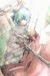 Rule 34 | circled 9, 1girl, bamboo broom, blue eyes, blue hair, bow, broom, cirno, dutch angle, hair bow, highres, japanese clothes, matching hair/eyes, miko, open mouth, rope, shimenawa, solo, stairs, torii, touhou, traditional media, yamineko (evergrace)
