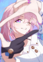 Rule 34 | 1girl, absurdres, archery shooting glove, black gloves, blue eyes, blue jacket, blurry, buttons, chinese commentary, commentary request, darkhawkayin, depth of field, dress shirt, earrings, finger frame, flower ornament, gloves, grin, highres, honkai: star rail, honkai (series), jacket, jewelry, long sleeves, looking at viewer, march 7th (honkai: star rail), medium hair, nail polish, one eye closed, partial commentary, partially fingerless gloves, pink eyes, pink hair, pink nails, portrait, shirt, single earring, single glove, smile, solo, two-tone eyes, white shirt