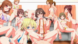 Rule 34 | 1boy, 6+girls, artist request, ass, barefoot, bent over, bikini, black eyes, black hair, blonde hair, blush, breasts, censored, feet, flat chest, game cg, girl on top, green eyes, green hair, harem, heart, heart-shaped pupils, highres, large breasts, legs, long hair, lying, mosaic censoring, multiple girls, navel, nipples, on side, open mouth, orange hair, out of frame, penis, ponytail, pubic hair, pussy, saimin appli: seifuku joshi wo inran mesu ni hatsujou sennou, sex, short hair, sitting, sitting on person, small breasts, smile, sweat, swimsuit, symbol-shaped pupils, tan, tanline, thighs, toes, twintails, vaginal