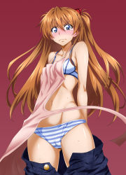 Rule 34 | 1girl, apron, blue eyes, blush, bra, brown hair, cameltoe, cleft of venus, clothes pull, denim, hair ornament, highres, jeans, long hair, looking at viewer, nakahira guy, neon genesis evangelion, open fly, open pants, panties, pants, pants pull, simple background, solo, souryuu asuka langley, striped clothes, striped panties, sweat, tears, twintails, unbuttoned, underwear, unzipped