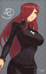 Rule 34 | 1girl, breasts, cross, hair over one eye, large breasts, lips, long hair, parasoul (skullgirls), parted lips, red hair, ryuji (red-truth), skirt, skirt set, skullgirls, solo, sweater, turtleneck, yellow eyes