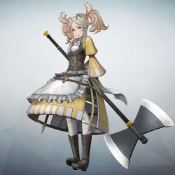 Rule 34 | 1girl, 3d, apron, arms behind back, axe, battle axe, blonde hair, blue eyes, boots, breasts, corset, crinoline, dress, fire emblem, fire emblem awakening, fire emblem warriors, frills, full body, gradient hair, highres, holding, holding weapon, lissa (fire emblem), looking at viewer, medium breasts, multicolored hair, nintendo, official art, princess, short hair, simple background, solo, standing, twintails, underbust, weapon