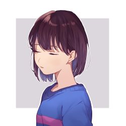 Rule 34 | 1other, akikuriii, androgynous, bad id, bad pixiv id, blue shirt, bob cut, brown hair, closed eyes, eyelashes, frisk (undertale), grey background, hair strand, highres, long sleeves, outside border, parted lips, portrait, shirt, short hair, solo, striped clothes, striped shirt, undertale