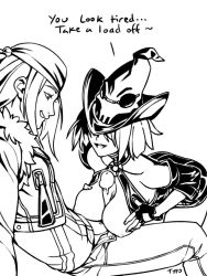 Rule 34 | 1boy, 1girl, arc system works, axl low, bad id, bad twitter id, bandana, bare shoulders, black choker, black hair, bob cut, breasts, breasts squeezed together, choker, cleavage, covered eyes, english text, erection, fingerless gloves, fur trim, gloves, greyscale, grin, guilty gear, guilty gear xx, hair over eyes, hat, hetero, high contrast, i-no, jacket, large breasts, long hair, monochrome, nipples, optionaltypo, paizuri, penis, short hair, smile, talking, uncensored, witch hat