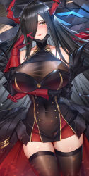 Rule 34 | 1girl, absurdres, arm under breasts, azur lane, bare shoulders, black dress, black hair, blush, breast hold, breasts, brown thighhighs, cleavage, covered navel, cowboy shot, dress, friedrich der grosse (azur lane), gloves, hair ornament, hair over one eye, hand in own hair, head tilt, heart, heart tattoo, highres, horn ornament, horns, huge breasts, large breasts, long hair, looking at viewer, mechanical horns, pubic tattoo, red gloves, red horns, rigging, see-through, skin tight, skindentation, sleeveless, sleeveless dress, solo, tattoo, thighhighs, thighs, very long hair, wu ganlan cai, yellow eyes