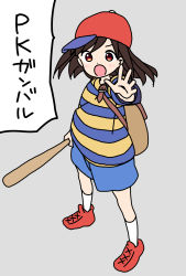 Rule 34 | 1girl, arm at side, backpack, bag, baseball bat, baseball cap, blue shorts, blush, brown bag, brown hair, commentary request, cosplay, dot nose, floating hair, full body, grey background, hat, highres, hitori bocchi, hitoribocchi no marumaru seikatsu, holding, holding baseball bat, katsuwo (cr66g), long hair, mother (game), mother 2, ness (mother 2), ness (mother 2) (cosplay), nintendo, open mouth, outstretched hand, red eyes, red footwear, red hat, shirt, shoes, shorts, simple background, sneakers, socks, solo, speech bubble, split mouth, standing, striped clothes, striped shirt, t-shirt, translation request, two-tone shirt, white socks