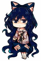 Rule 34 | 1girl, bangle, barefoot, blue bow, blue eyes, blue hair, blue skirt, bow, bowl, bracelet, chibi, commentary request, debt, drawstring, frown, full body, grey jacket, hair bow, holding, holding bowl, hood, hooded jacket, jacket, jewelry, jitome, long hair, looking at viewer, messy hair, shaded face, simple background, skirt, solo, standing, stuffed animal, stuffed cat, stuffed toy, touhou, very long hair, white background, yorigami shion, zetsumame