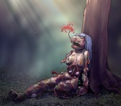 Rule 34 | 1girl, artist request, blue hair, commentary request, copyright request, corpse, death, ero guro, flower, guro, highres, long hair, maggot, mushroom, nude, rot, solo