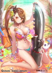 Rule 34 | 1girl, animal, arm support, bare legs, barefoot, beach, bikini, bracelet, breasts, brown eyes, brown hair, cleavage, female focus, flower, frilled bikini, frills, front-tie top, green flower, hair flower, hair ornament, heterochromia, huge weapon, jewelry, large breasts, lens flare, long hair, long legs, navel, necklace, outdoors, popqn, qurare magic library, red eyes, side-tie bikini bottom, side ponytail, sitting, smile, solo, swept bangs, swimsuit, very long hair, wariza, weapon