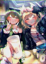 Rule 34 | 3girls, alternate costume, arm up, bare shoulders, blonde hair, bottle, breasts, casual, chromatic aberration, crop top, cup, double v, drinking glass, fingernails, hair between eyes, hakurei reimu, highres, holding, holding cup, itsumizu, jacket, jewelry, medium breasts, medium hair, midriff, multiple girls, nail polish, necklace, one eye closed, pov, pov hands, ring, soga no tojiko, swept bangs, touhou, toyosatomimi no miko, v