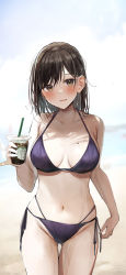 Rule 34 | 1girl, bikini, black hair, blurry, blurry background, blush, breasts, brown eyes, cleavage, collarbone, cowboy shot, cup, disposable cup, drink, highres, holding, holding cup, large breasts, looking at viewer, medium hair, mole, mole on breast, navel, original, outdoors, parted lips, purple bikini, rouka (akatyann), side-tie bikini bottom, starbucks, swimsuit, wet
