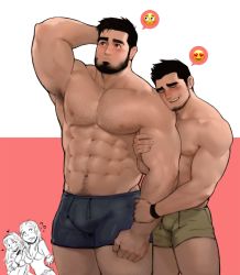 Rule 34 | 2boys, 2girls, abs, arm grab, armpit hair, armpits, bara, bare pectorals, beard, blue male swimwear, blush, bulge, chest hair, couple, dopey (dopq), embarrassed, emoji, facial hair, feet out of frame, green male swimwear, hand on own head, head on another&#039;s shoulder, highres, large pectorals, locked arms, male swimwear, mature male, multiple boys, multiple girls, muscular, muscular male, mustache, navel, navel hair, nipples, original, pectorals, short hair, sideburns, size difference, stomach, stubble, swim trunks, thick eyebrows, thick thighs, thighs, yaoi
