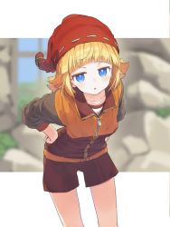 Rule 34 | 1girl, blonde hair, blue eyes, blunt bangs, blurry, blurry background, blush, character request, flipped hair, hands on own hips, hat, headwear request, highres, jikkyou powerful pro yakyuu, jitome, jumpsuit, leaning forward, long hair, long sleeves, looking at viewer, parted lips, power pro appli, rb2, rock, shorts, solo, zipper