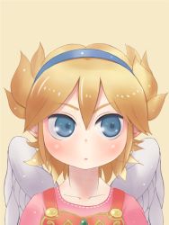 Rule 34 | 1girl, angel wings, blonde hair, blue eyes, blue hairband, breath of fire, breath of fire iii, closed mouth, commentary request, ebimomo, feathered wings, hair between eyes, hairband, nina (breath of fire iii), pink shirt, shirt, short hair, simple background, solo, white wings, wings, yellow background