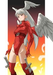 Rule 34 | 1girl, absurdres, angel wings, belt, breasts, commentary, feathers, final fantasy, final fantasy tactics, gradient background, grey hair, head wings, highleg, highleg leotard, highres, leotard, long hair, looking away, medium breasts, multiple wings, red eyes, red leotard, red thighhighs, simple background, solo, square enix, sword, tanabe (fueisei), thighhighs, ultima (fft), weapon, white wings, wings