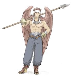 Rule 34 | 1boy, abs, belt, blue pants, brown footwear, brown wings, canopus wolph, feathered wings, full body, headband, male focus, pants, pectorals, polearm, topless male, sideways glance, solo, spear, standing, tactics ogre, weapon, white background, white headband, windcaller, wings