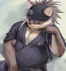 Rule 34 | 1boy, animal ears, arm support, bara, black headwear, brown fur, commentary, dog boy, dog ears, fat, fat man, grey background, high ponytail, highres, japanese clothes, kimono, long hair, male focus, muscular, muscular male, pectoral cleavage, pectorals, scar, scar on face, scar on nose, shino (housamo), sleeping, sleeping upright, solo, tokyo houkago summoners, two-tone fur, upper body, xinchpo, yellow fur