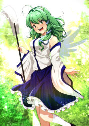 Rule 34 | 1girl, ahoge, blue skirt, detached sleeves, floral print, frilled skirt, frills, frog hair ornament, gohei, green eyes, green hair, hair ornament, highres, holding, holding gohei, kochiya sanae, looking at viewer, multicolored background, murasaki tsutsuji, nontraditional miko, open mouth, skirt, smile, snake hair ornament, socks, solo, touhou, unfinished dream of all living ghost, white socks, wide sleeves