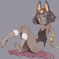 Rule 34 | 1girl, animal ears, armlet, ass, barefoot, black hair, bracelet, breasts, dark-skinned female, dark skin, feet, female focus, gold, green eyes, grey background, highres, jewelry, leotard, necklace, original, pointy ears, short hair, simple background, sitting, small breasts, solo, strapless, strapless leotard, toes, unarsite