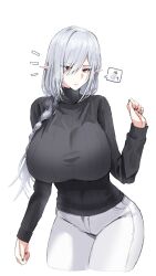 Rule 34 | 1girl, alternate costume, arknights, black sweater, braid, breasts, closed mouth, commentary, cowboy shot, gladiia (arknights), hand up, highres, horn/wood, huge breasts, long hair, long sleeves, looking at viewer, pants, parted bangs, pointy ears, red eyes, ribbed sweater, simple background, single braid, slit pupils, solo, spoken object, sweater, turtleneck, turtleneck sweater, white background, white hair, white pants