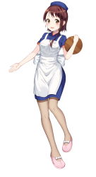 Rule 34 | 1girl, absurdres, apron, artist request, blue dress, blue headwear, blush, breasts, brown eyes, brown hair, commentary request, dress, hanavvi, highres, holding, looking at viewer, medium breasts, nisekoi, onodera kosaki, pantyhose, pink footwear, shoes, short hair with long locks, simple background, solo, teeth, upper teeth only, white apron, white background