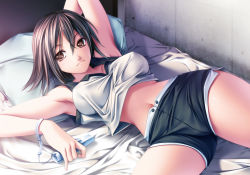 Rule 34 | 1girl, armpits, bad id, bad pixiv id, bed, breasts, brown eyes, brown hair, game console, large breasts, lying, midriff, navel, original, pillow, playing games, rezi, short hair, shorts, solo, stomach, tomboy, wii