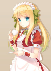 Rule 34 | 1girl, blonde hair, blue eyes, bow, bowtie, cup, holding, hyuuga azuri, long hair, looking at viewer, maid, maid headdress, original, ribbon, simple background, solo, teacup, wrist cuffs