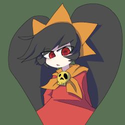Rule 34 | 1girl, arms behind back, ashley (warioware), big hair, black hair, child, dress, female focus, flat chest, green background, hairband, jaggy lines, kan (kam48360493), long hair, long sleeves, looking at viewer, neckerchief, nintendo, open mouth, orange hairband, orange neckerchief, red dress, red eyes, simple background, skull, solo, twintails, warioware