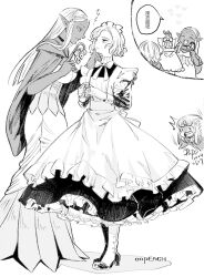 Rule 34 | 1boy, 1girl, ^ ^, androgynous, apron, artist name, bow, bowtie, chinese text, choker, cithis, cloak, closed eyes, crossdressing, dress, dungeon meshi, elf, expressionless, eye contact, flower, frilled apron, frilled dress, frills, full body, greyscale, heart, high heels, holding, holding flower, lily of the valley, long hair, long sleeves, looking at another, maid, maid apron, maid headdress, mithrun, monochrome, multiple views, oopeach, pattadol, pointy ears, shoes, short hair, signature, simple background, smile, standing, straight hair, translation request, white background