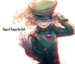 Rule 34 | 1girl, amulet, arm up, blonde hair, blue eyes, boyaking, copyright name, curly hair, gloves, glowing, hat, long hair, looking at viewer, military, military uniform, parted lips, simple background, solo, tanya degurechaff, uniform, white background, white gloves, youjo senki