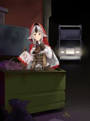 Rule 34 | 1girl, black hair, breasts, brown eyes, fire emblem, fire emblem fates, food, garbage truck, gloves, grey hair, highres, igni tion, medium breasts, multicolored hair, night, nintendo, pizza box, shoes, smile, trash, trash bag, truck, two-tone hair, velouria (fire emblem)