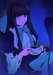 1girl azumi-kun blue_background blue_theme blunt_bangs cup frederica_bernkastel holding holding_cup long_hair looking_at_viewer pink_eyes solo umineko_no_naku_koro_ni