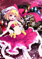 Rule 34 | 1girl, :d, adapted costume, animal, bandeau, bare shoulders, bat (animal), blonde hair, blush, bow, bowtie, car, clenched teeth, collarbone, crystal, demon wings, detached collar, dual persona, dutch angle, elbow gloves, evil grin, evil smile, fang, flandre scarlet, flying, frilled hat, frills, gloves, grin, hair between eyes, hands on own cheeks, hands on own face, hat, hat bow, itasha, long skirt, looking at viewer, midriff, mob cap, motor vehicle, multiple girls, multiple views, navel, open mouth, purple eyes, race queen, red bow, red skirt, side ponytail, silhouette, skirt, smile, stomach, teeth, tooth, touhou, vehicle, walking, white bow, white gloves, white hat, wings, yaki mayu, yellow bow, yellow bowtie