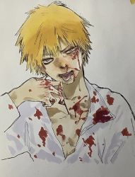 Rule 34 | 1boy, blonde eyebrows, blonde hair, blood, blood on face, blood splatter, blood on clothes, blood on hands, chainsaw man, collarbone, collared shirt, denji (chainsaw man), eyebrows, hair between eyes, head tilt, kaku yuuji, licking blood, licking lips, long sleeves, looking at viewer, male focus, nosebleed, open clothes, open mouth, open shirt, pale skin, shirt, short hair, sleeves past elbows, solo, solo focus, teeth, tongue, tongue out, white background, white shirt, yellow eyes