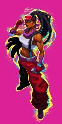 Rule 34 | 1girl, abs, absurdres, aqua hair, artist name, baggy pants, belt, biceps, black hair, breasts, brown lips, colored tips, dark-skinned female, dark skin, deltoids, dreadlocks, elbow pads, fingerless gloves, full body, gloves, hat, highres, holding, kimberly jackson, long hair, lowleg, lowleg pants, medium breasts, midriff, multicolored hair, muscular, muscular female, neckerchief, nose, official alternate costume, official alternate hairstyle, outline, pants, pink background, purple belt, purple neckerchief, red gloves, red hat, red pants, revision, sheep shin, shoes, single elbow pad, smartwatch, sneakers, solo, sports bra, spray can, street fighter, street fighter 6, two-tone hair, very dark skin, very long hair, visor cap, watch, white sports bra, wristwatch, yellow outline