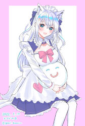 Rule 34 | 1girl, absurdres, animal ears, apron, blue eyes, blush, bow, bowtie, breasts, cat ears, cat girl, cat tail, cleavage, commentary request, dated, feet out of frame, hair ribbon, highres, large breasts, long hair, long sleeves, looking at viewer, maid, maid apron, maid headdress, noripro, open mouth, pantyhose, pink background, pink bow, pink bowtie, ribbon, shirayuki mishiro, sitting, smile, solo, stuffed toy, tail, twitter username, two-tone background, virtual youtuber, white apron, white background, white hair, white pantyhose, yuri kyanon