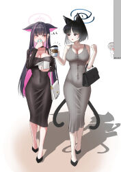 Rule 34 | 2girls, absurdres, alternate hair length, alternate hairstyle, animal ears, artist name, bag, bare shoulders, black choker, black dress, black eyes, black footwear, black hair, blue archive, blush, breasts, cat ears, cat tail, choker, cleavage, collarbone, colored inner hair, commentary request, covered navel, cup, doodle sensei (blue archive), dress, earrings, extra ears, eye contact, food, grey dress, halo, handbag, highres, holding, holding cup, holding food, jewelry, kazusa (blue archive), kikyou (blue archive), korean commentary, large breasts, long hair, looking at another, macaron, multicolored hair, multiple girls, multiple tails, open mouth, pink hair, sensei (blue archive), shoes, short hair, sleeveless, sleeveless dress, tail, tight clothes, tight dress, two-tone hair, two tails, very long hair, yoonge a