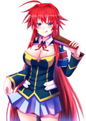 Rule 34 | 1girl, :p, :q, ahoge, alternate costume, arkfield, armband, blue eyes, blush, breasts, cleavage, cosplay, hand fan, folding fan, high school dxd, holding fan, kurokami medaka, kurokami medaka (cosplay), large breasts, long hair, long sleeves, looking at viewer, medaka box, pleated skirt, red hair, rias gremory, school uniform, skirt, skirt hold, solo, tongue, tongue out, very long hair