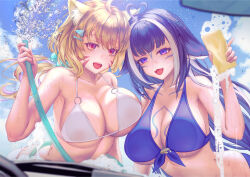 Rule 34 | 2girls, against glass, ahoge, animal ears, bikini, blonde hair, blue bikini, blue hair, blue sky, breast press, breasts, breasts on glass, cat ears, cat girl, cleavage, commission, facial mark, fangs, hair ornament, hairclip, highres, holding, holding hose, holding sponge, hose, indie virtual youtuber, large breasts, long hair, looking at viewer, megumi (piyo7piyo9), multicolored hair, multiple girls, open mouth, orca girl, purple eyes, red eyes, shylily, shyrei faolan, skeb commission, sky, smile, sponge, streaked hair, swimsuit, virtual youtuber, washing vehicle, white bikini, white hair