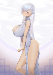 Rule 34 | 1girl, absurdres, alternate costume, azur lane, bare legs, belfast (azur lane), blue eyes, braid, breasts, china dress, chinese clothes, cleavage, cleavage cutout, clothing cutout, dress, french braid, from side, highres, large breasts, long hair, looking at viewer, lordol, pelvic curtain, sleeveless, sleeveless dress, solo, white dress, white hair