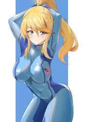 Rule 34 | 1girl, arms up, artist name, blonde hair, blue background, blue bodysuit, blue eyes, blush, bodysuit, breasts, closed mouth, covered collarbone, covered navel, deekei, high ponytail, highres, long hair, long sleeves, looking at viewer, medium breasts, metroid, mole, mole under mouth, nintendo, ponytail, samus aran, shiny clothes, sidelocks, signature, simple background, skin tight, smile, zero suit
