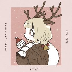 Rule 34 | 1girl, :|, animal ears, antlers, bell, blunt bangs, blush, border, bow, braid, brown eyes, brown sweater, christmas, closed mouth, creature, dated, deer ears, dot mouth, expressionless, film grain, from side, fur-trimmed headwear, fur trim, hair bell, hair bow, hair ornament, hands up, hat, hatching (texture), highres, holding, holding sack, horns, keke (kotowari), limited palette, linear hatching, long hair, long sleeves, looking away, merry christmas, multicolored eyes, original, outside border, pink background, pink eyes, platinum blonde hair, pom pom (clothes), profile, puffy long sleeves, puffy sleeves, red bow, red hat, reindeer antlers, sack, santa hat, signature, snowing, solo, sweater, tareme, upper body