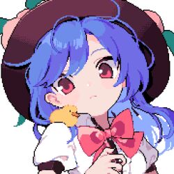 Rule 34 | 1girl, ahiru tokotoko, black headwear, blue hair, blush, buttons, center frills, closed mouth, collared shirt, frills, fruit hat ornament, hat ornament, highres, hinanawi tenshi, long hair, peach hat ornament, pixel art, puffy short sleeves, puffy sleeves, red eyes, shirt, short sleeves, simple background, solo, touhou, upper body, white background, white shirt