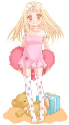 Rule 34 | 1girl, bad id, bad pixiv id, blonde hair, blush, camisole, child, choker, food print, full body, gift, heart, heart-shaped pillow, long hair, nine (artist), original, pillow, print thighhighs, simple background, smile, solo, standing, strap slip, strawberry print, stuffed animal, stuffed toy, teddy bear, thighhighs, white background, white thighhighs