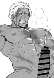 Rule 34 | 1boy, abs, bara, beard, beowulf (fate), breath, censored, cum, ejaculation, erection, ezaki papiko, facial hair, fate/grand order, fate (series), greyscale, highres, large pectorals, male focus, manly, monochrome, muscular, nipples, pectorals, penis, scar, solo, sweat, tattoo, upper body