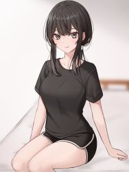 Rule 34 | 1girl, absurdres, black hair, black shirt, braid, breasts, collarbone, costone, grey eyes, highres, large breasts, long hair, looking at viewer, original, shirt, short sleeves, shorts, simple background, sitting, smile, solo, t-shirt, white background